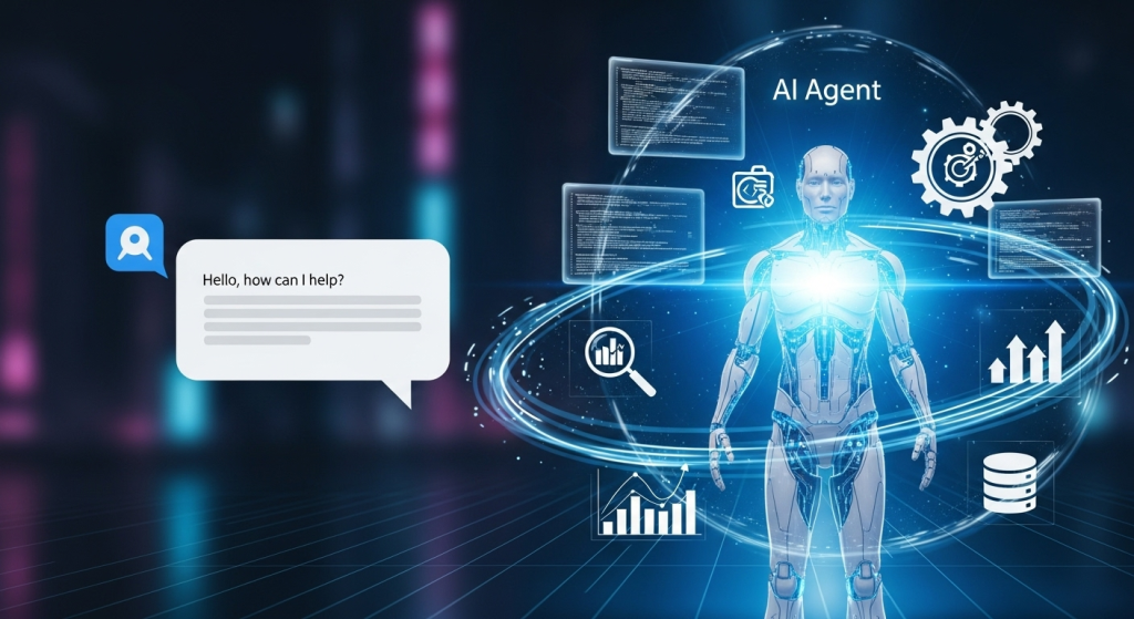 畫面左邊是一個簡單的對話框，右邊是一個強大的AI Agent，它連接了程式碼和齒輪等工具，突顯AI Agent應用的強大功能。