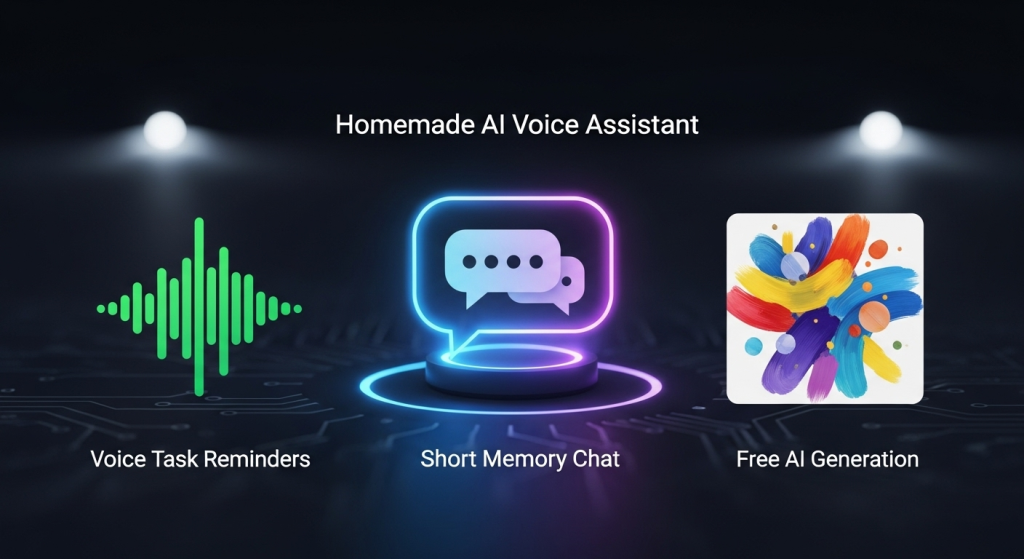 自製AI語音助理的三大核心功能：一個發光的對話框代表短期記憶聊天、一個聲波圖示代表語音任務提醒、一個抽象的圖像畫作代表免費AI圖片生成。