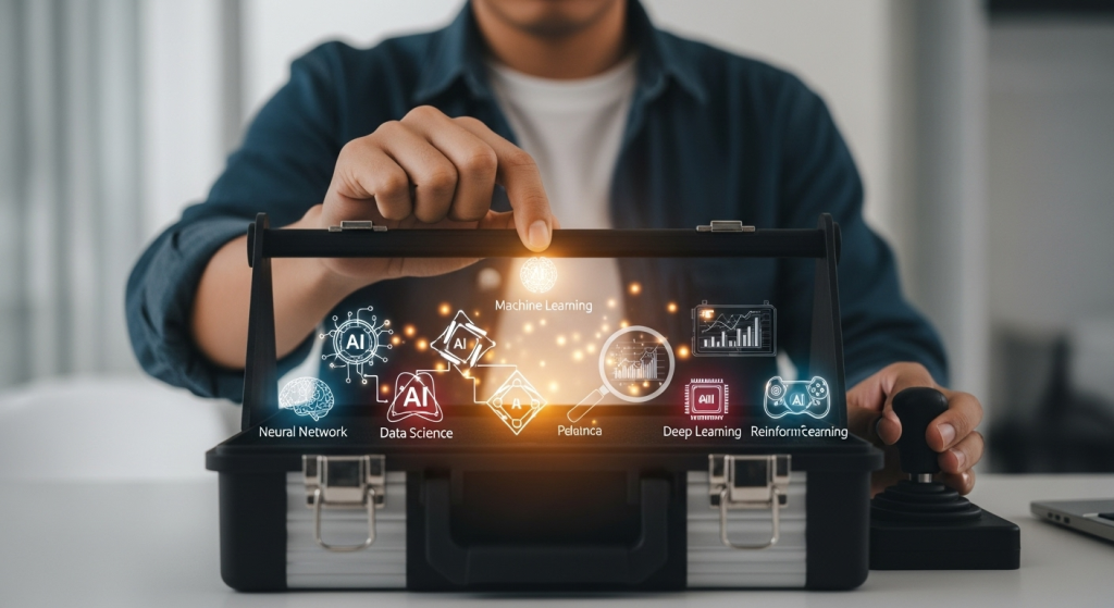 使用者根據自己的需求,從一個簡潔的AI工具箱中選擇最適合的工具,象徵如何有效學習AI。