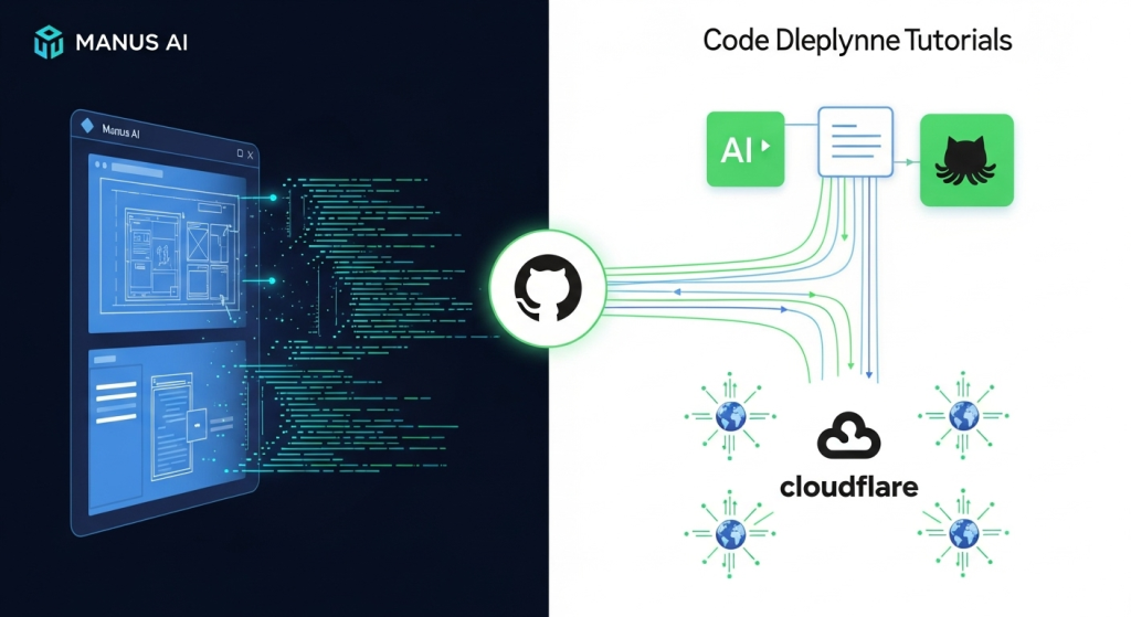 展示Manus AI 教學與Cloudflare Pages 教學的核心概念，AI將設計藍圖轉化為程式碼，並透過象徵Github的節點，經由雲端部署到全世界。