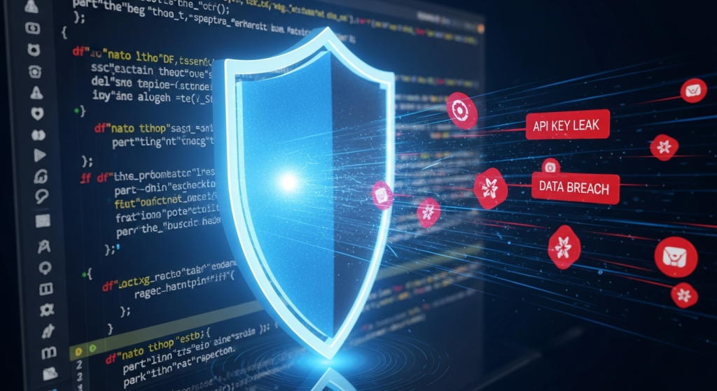 AI程式碼安全檢查，一個發光的藍色盾牌保護著程式碼，防止API Key與資料外洩。