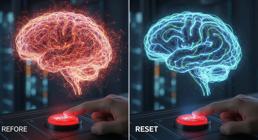 一個混亂的AI大腦充滿糾結線條，一隻手按下重置按鈕後，大腦變得清晰有序，象徵著解決AI跳針問題需要清空上下文。