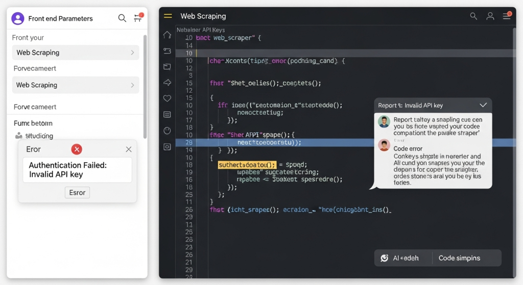 一位使用者與AI進行互動，將前端參數與錯誤訊息回報給AI，AI則回傳程式碼，展現出AI輔助寫爬蟲的協作流程。