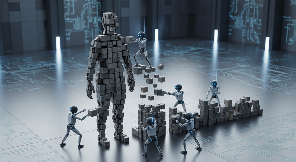 一個由許多任務方塊組成的人形輪廓，數個小型AI機器人正在拆解其中重複性的任務方塊，象徵AI取代工作的真相是拆解任務而非取代整個人。