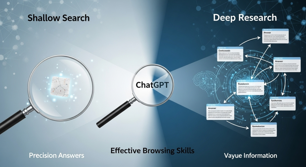 一張概念圖，顯示淺層搜尋只得到模糊的單一資訊，而深度研究則能連接多個資料來源獲得精準答案，說明ChatGPT上網搜尋技巧的重要性。