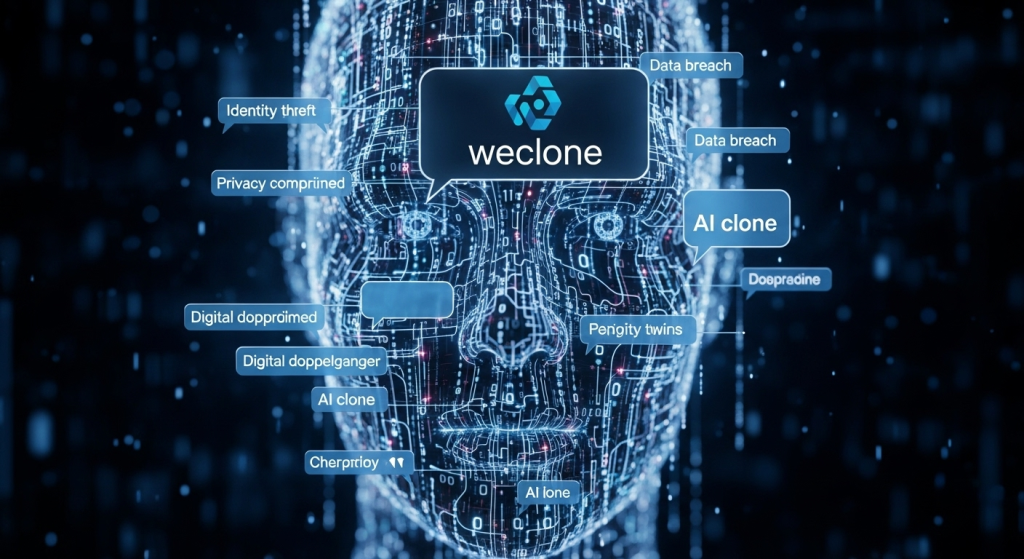 一個由數位資料流和對話框構成的模糊人臉，象徵AI數位分身風險與weclone技術帶來的威脅。