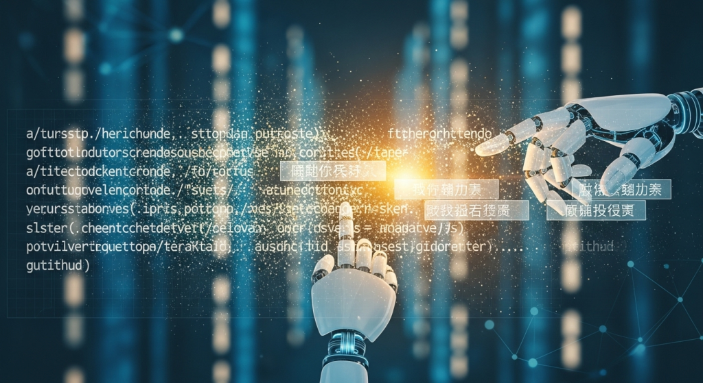 一位使用者透過AI將GitHub上的英文程式碼工具中文化，象徵AI翻譯程式碼的過程。