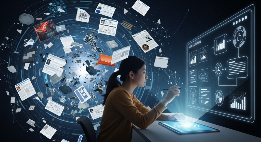 一位專注的學習者使用AI輔助學習新技能，將混亂的網路資訊轉化為有結構的知識，象徵著如何讓AI讀懂大量文件。