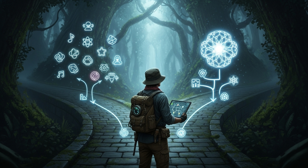 一名探索者站在分岔路口,看著代表個人興趣的發光符號,象徵以AI學習心態探索未知,而非盲從。
