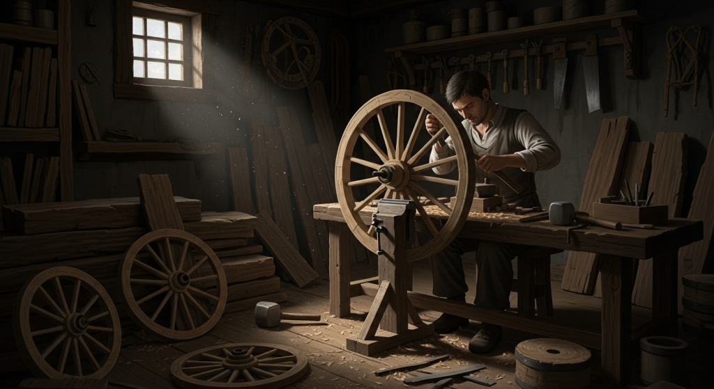 一位學習者在黑暗的房間裡辛苦地用原始工具打造一個複雜的木輪子，突顯「AI學習誤區」中閉門造車的困境。