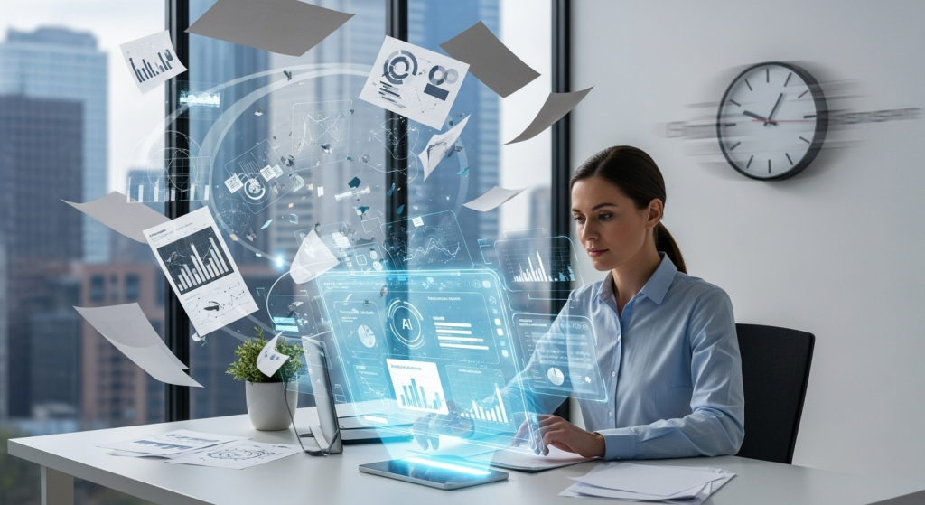 一名專業人士使用AI市場調查方法，將雜亂的數據轉化為清晰的報告，象徵用AI節省大量時間。