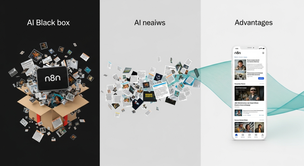 比較三種AI讀報方法：左邊是像驚喜包一樣產出混亂資訊的黑盒子，右邊是使用者親手打造的客製化、有序的資訊流，象徵n8n的優勢。