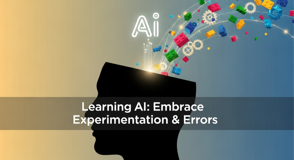 一個人頭像的剪影，腦中飄浮出像樂高積木和齒輪的趣味圖形，與AI符號連結，象徵「學習AI的正確心態是擁抱實驗與犯錯」。