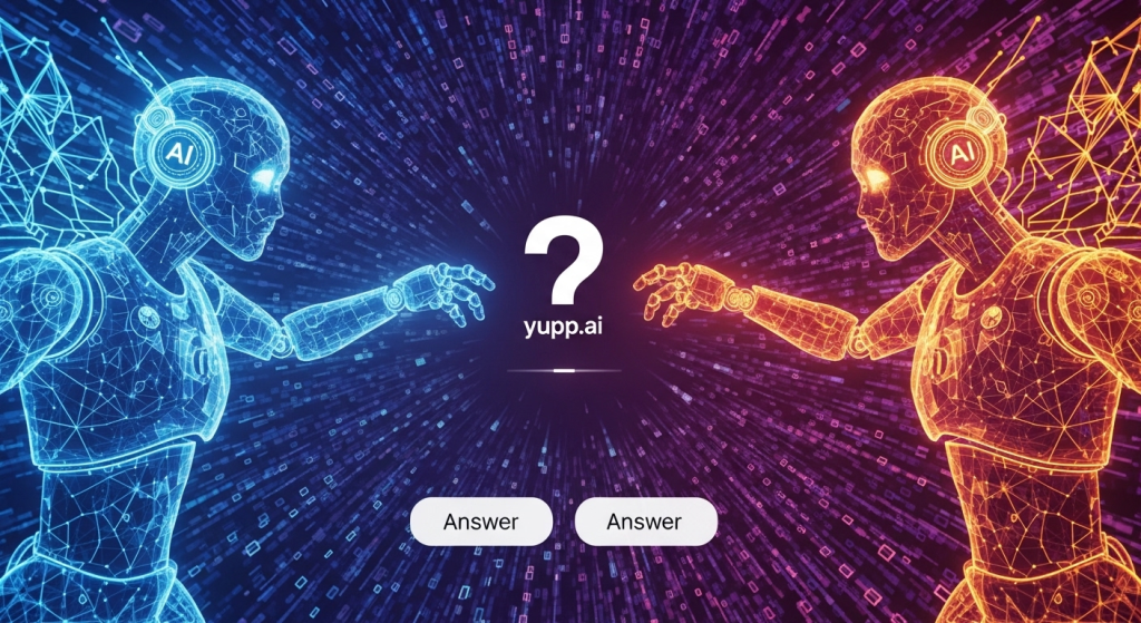 兩個抽象的AI機器人在進行PK對決，中間有一個提問符號，象徵Yupp.ai的AI模型比較功能，使用者可以從兩個答案中選擇一個。