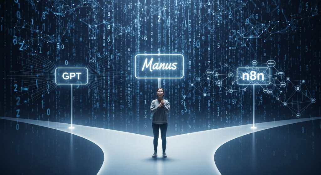 一位使用者站在三條岔路前，分別代表GPT、Manus、n8n三種AI每日讀報方法，象徵著在資訊流中做出選擇。