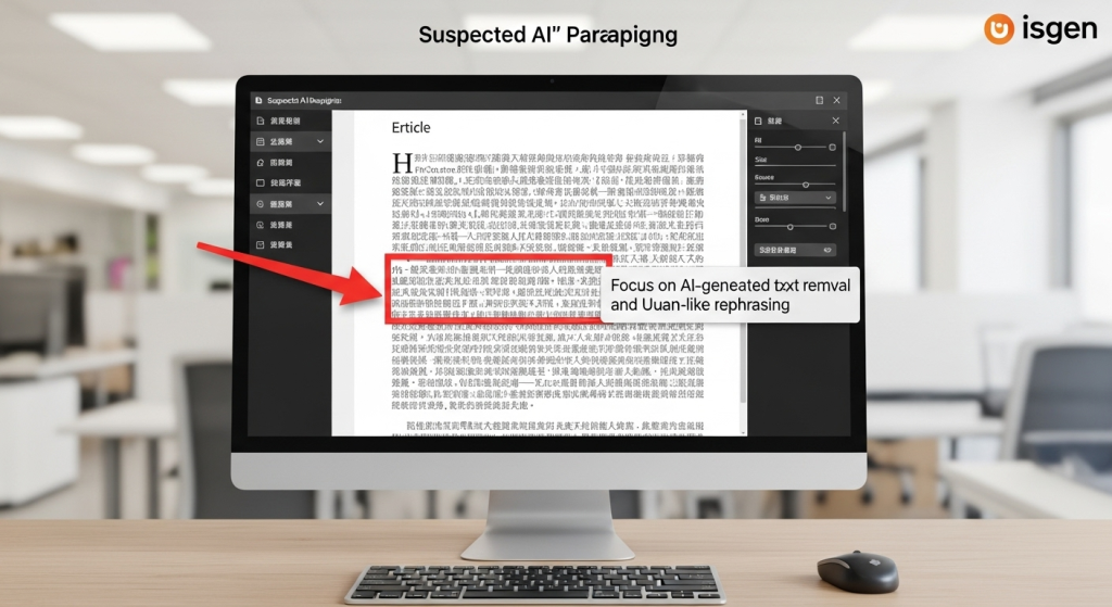 isgen工具的「疑似AI」段落標示功能，畫面中一篇文章的特定段落被醒目的紅色螢光標示出來，凸顯出如何去除AI味的修改重點。