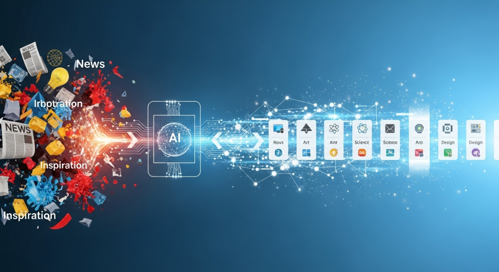 AI打造個人自動化工作流,將代表新聞、靈感的抽象圖示,自動整理成有序的資訊流,幫助釋放創造力。