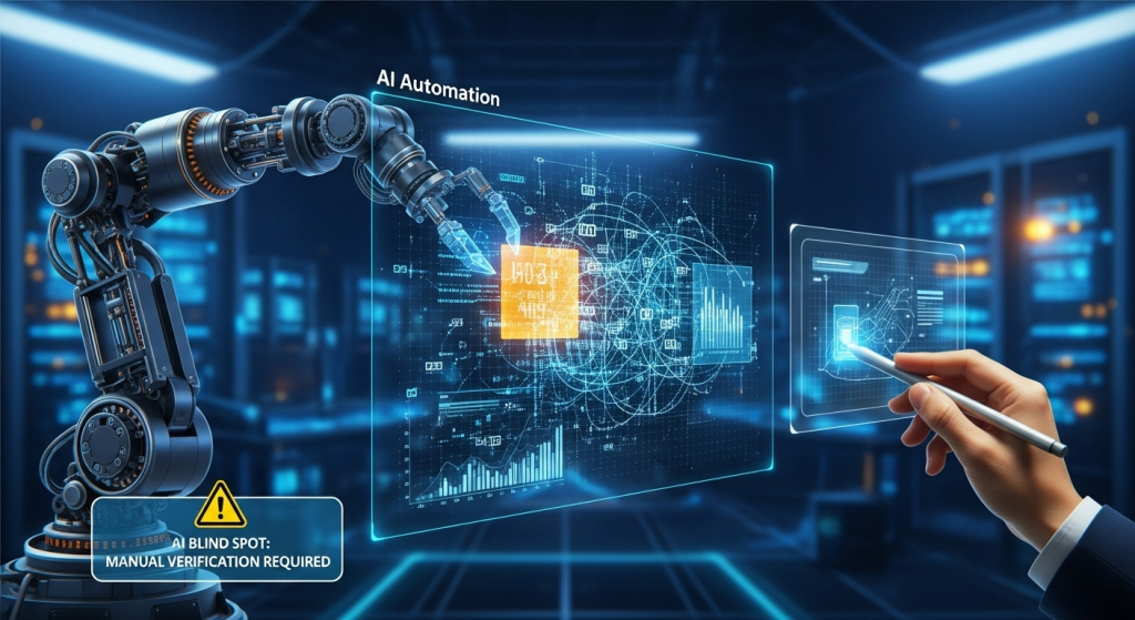 AI會偷懶的雷區示意圖，一個機器手臂在處理數據時遺漏了一塊，需要人工介入修正，提醒用戶人工驗收的重要性。