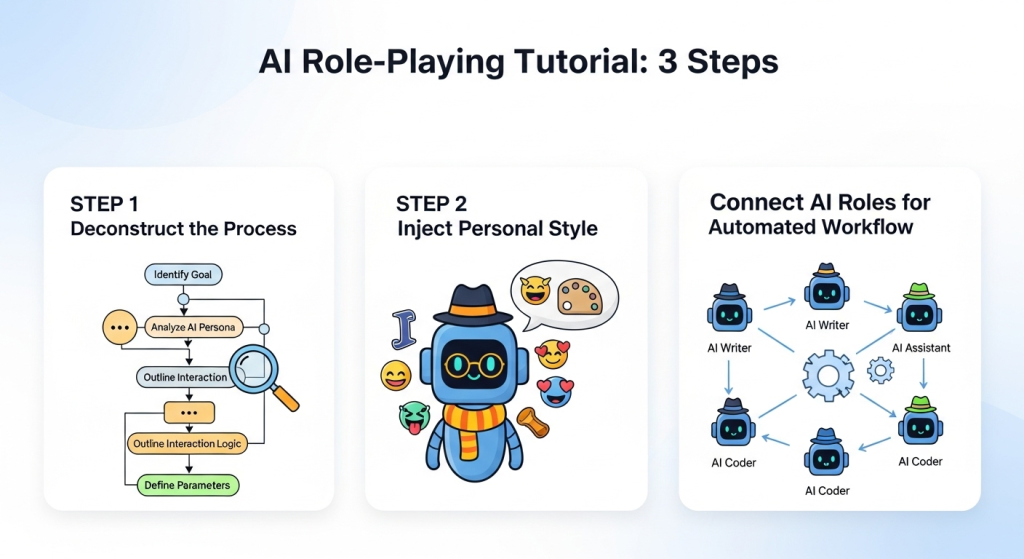 AI角色扮演教學三步驟，包含拆解流程、注入個人風格，最後串連所有AI角色實現自動化工作流。
