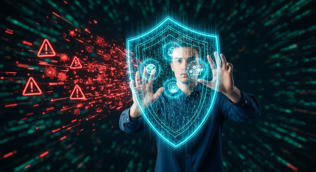 一個人建立起發光的數位盾牌，抵擋來自外部的紅色警示數據，象徵著AI詐騙如何防範的三大心法。