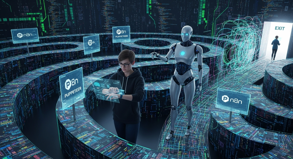 一位開發者與AI機器人並肩作戰，試圖在一片由數據構成的複雜迷宮中，用n8n與puppeteer技術尋找爬蟲出路，象徵著AI輔助寫爬蟲的探索過程。