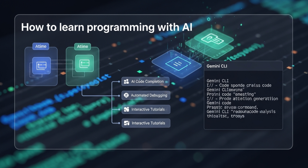 一個抽象的終端機介面，在AI的輔助下，複雜的程式碼指令被轉化為簡單、易於理解的視覺化模塊，說明「如何用AI學程式」以及Gemini cli等工具的實用性。
