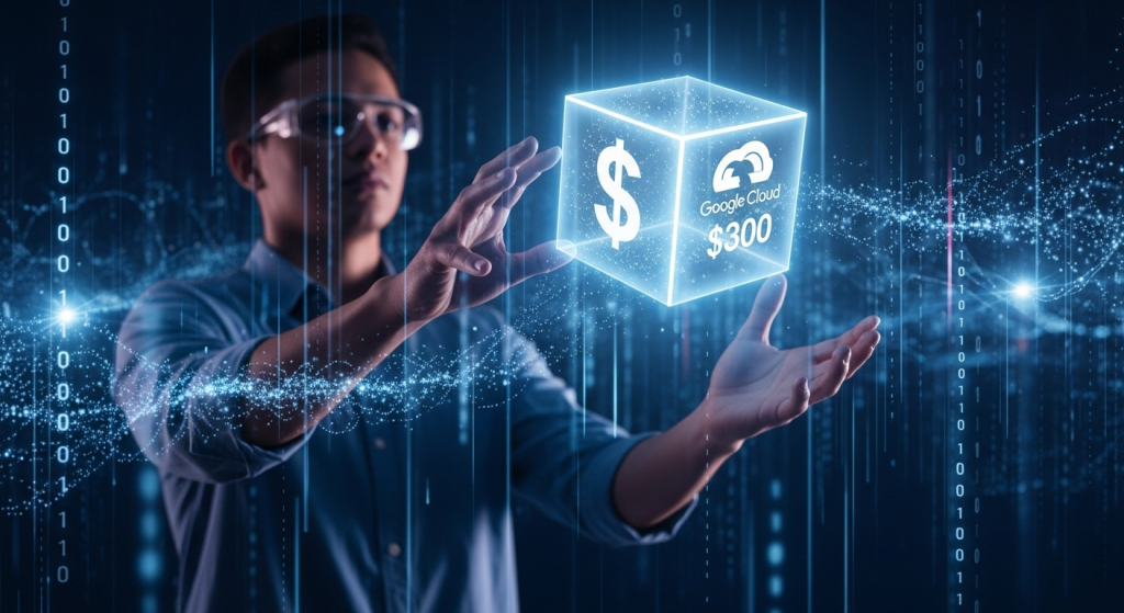 一位開發者伸出雙手，接住一個漂浮的發光科技方塊，象徵著Google Cloud 300美金這筆AI開發啟動資金，背景是充滿數據流的抽象數位世界。