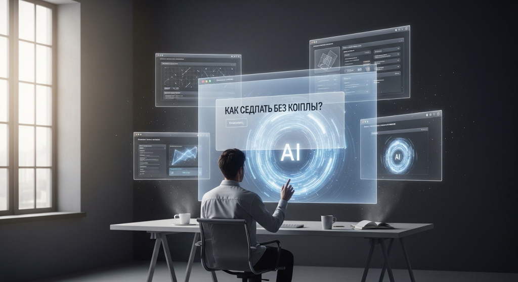 一位創作者在簡潔的工作空間中，透過與一個發光的AI抽象圖形互動，輕鬆地將腦中的想法轉化為漂浮在空中的網頁介面，象徵「不會寫程式 如何做工具」的核心概念。