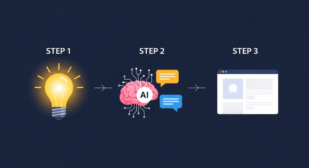 AI寫網頁教學三步驟的抽象示意圖：第一步是發光的想法燈泡，第二步是對話框與AI大腦互動，第三步是產出一個簡潔的網頁視窗，象徵零基礎AI實作的簡單流程。