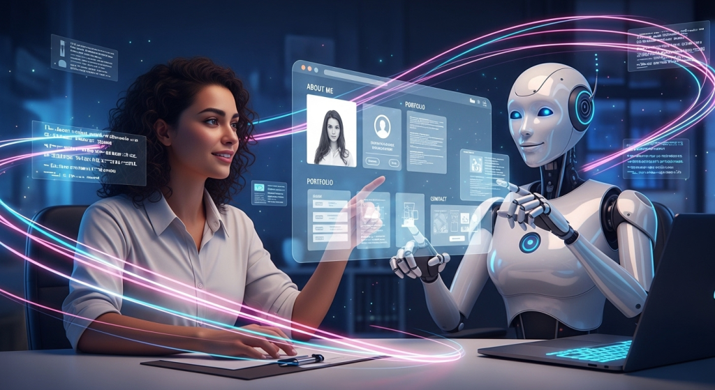 一位創作者與AI機器人合作，運用AI架設網站教學，輕鬆打造出專業的個人品牌網站，背景是象徵程式碼與設計元素的數位光束。