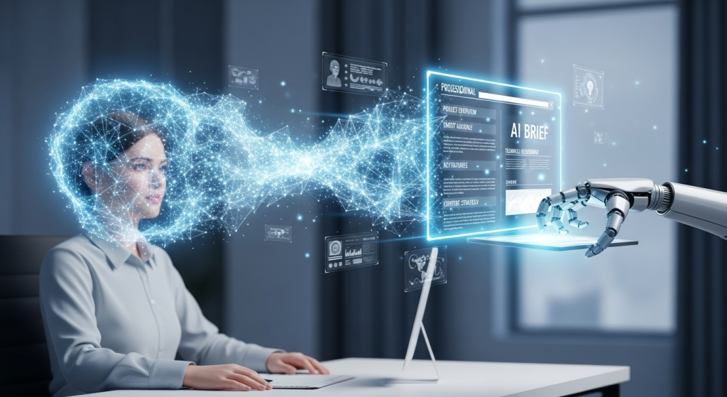 一名使用者腦中流出創意的數位光點，AI將其彙整成一份專業的網站設計需求書，象徵為AI架設網站進行前置準備與腦力激盪的過程。