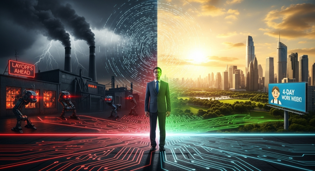 一位上班族站在AI決策的十字路口，一邊是代表裁員的黑暗工廠，另一邊是代表週休四日的明亮未來，象徵企業導入AI的兩種可能結果。
