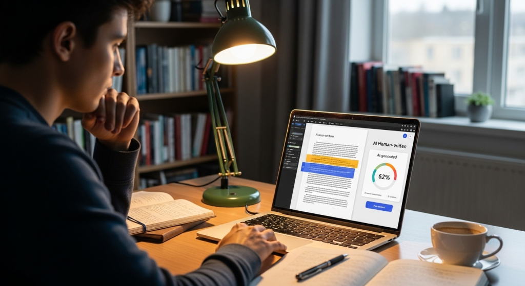 一位創作者使用AI文章檢測工具，分析文字中的人類與AI成分，象徵著在AI輔助寫作時代找回個人風格。