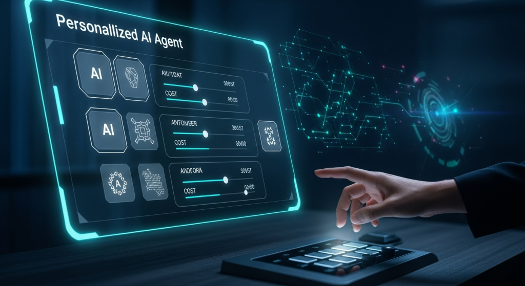 一位使用者在充滿科技感的介面中，組建個人化的 AI Agent，象徵著對自架AI助理費用的掌控與規劃。