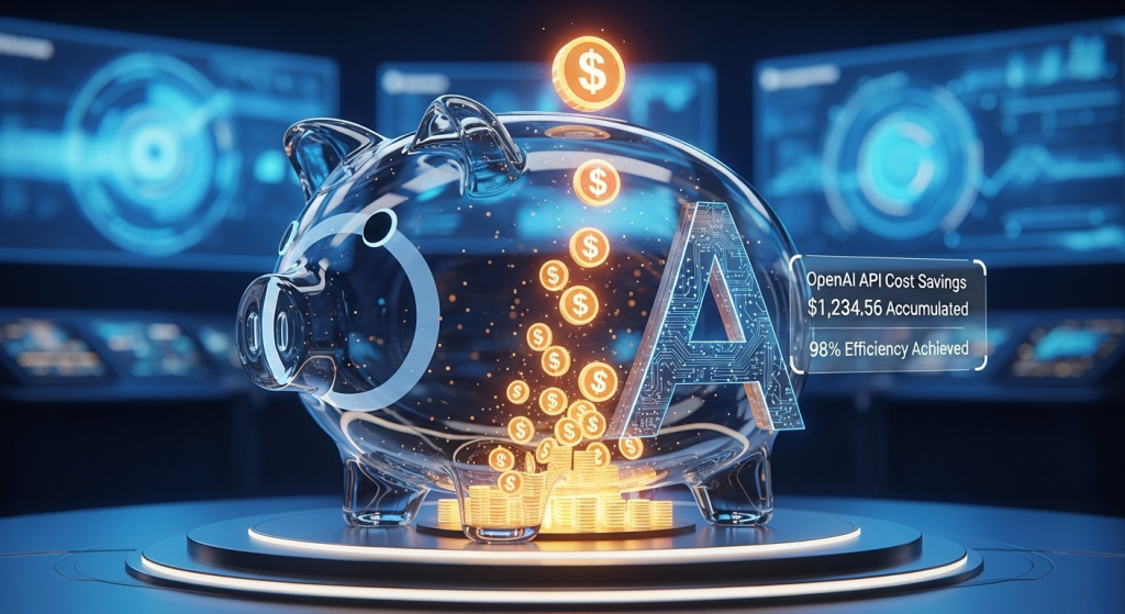 善用免費 OpenAI API 價格計算與額度，一個科技感存錢筒正在累積節省下來的成本，象徵最大化效益。