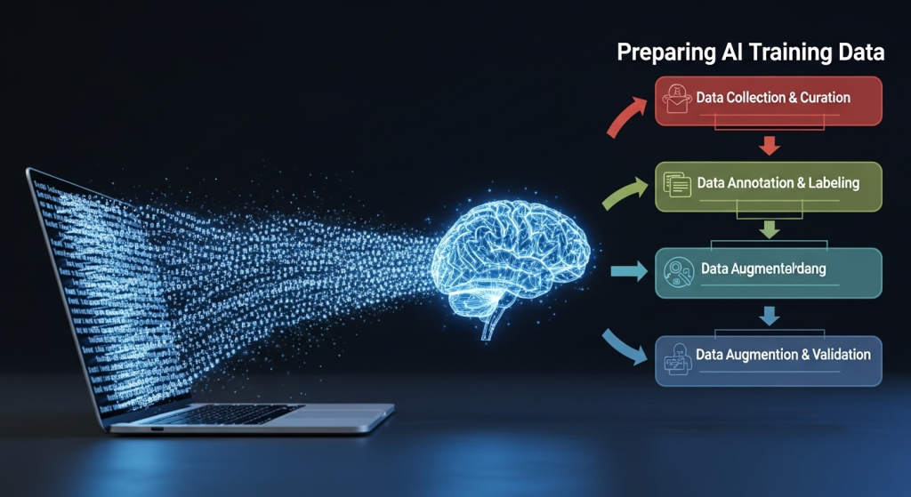 一條從筆記本流出的清晰純文字資料流，被一個AI大腦成功處理並轉換成有結構的圖表，象徵為AI準備訓練資料的三大原則。