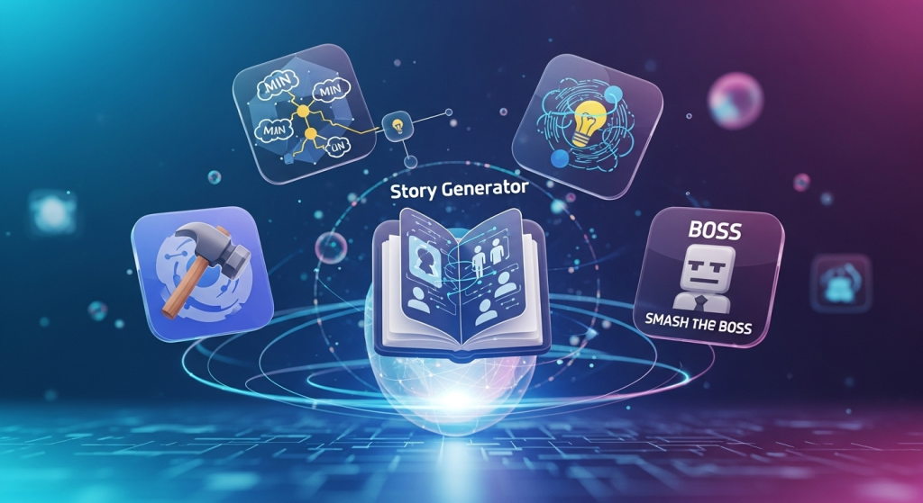 畫面中央有數個漂浮的抽象應用程式圖標，象徵著使用者正在用AI開發小工具，例如心智圖、故事生成器、痛扁老闆模擬器等。