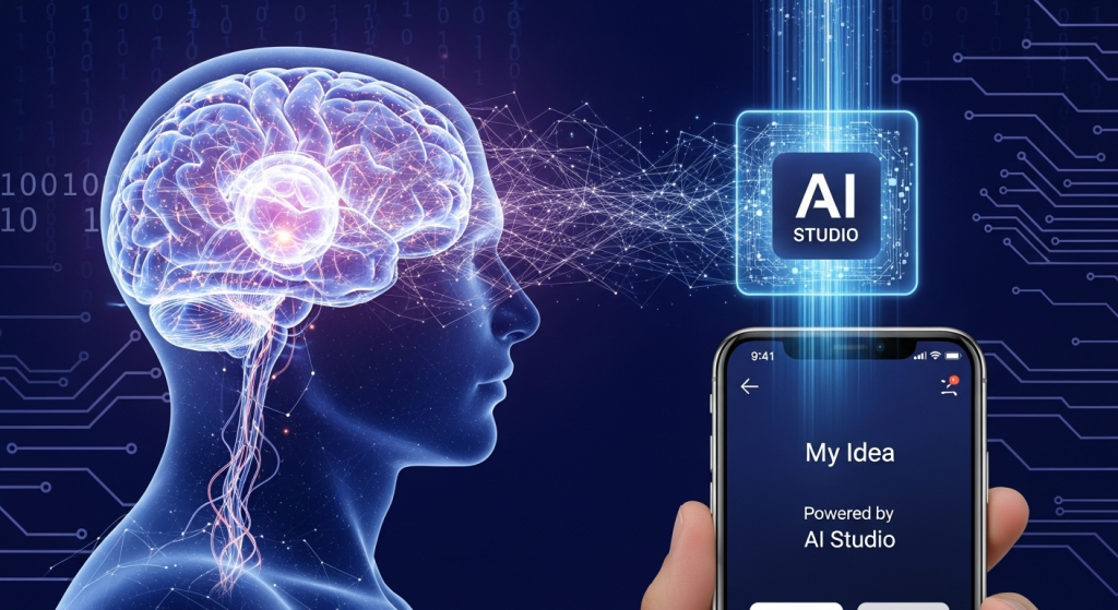 一個抽象的人腦中浮現出一個想法，這個想法透過AI Studio轉換成一個具體的應用程式，象徵著「不會寫程式做app，有想法就行」的核心概念。