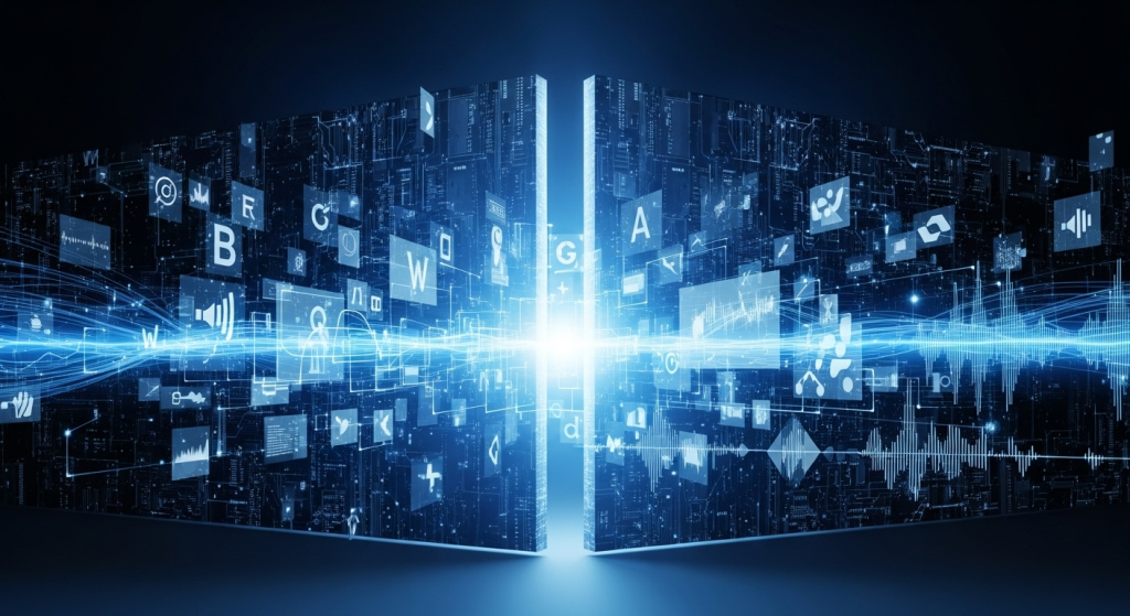 一扇抽象的科技大門正緩緩開啟，門內散發出藍色光芒，光芒中隱約可見文字、圖像與聲波的符號，象徵著探索Google AI Studio應用的極限與潛力。