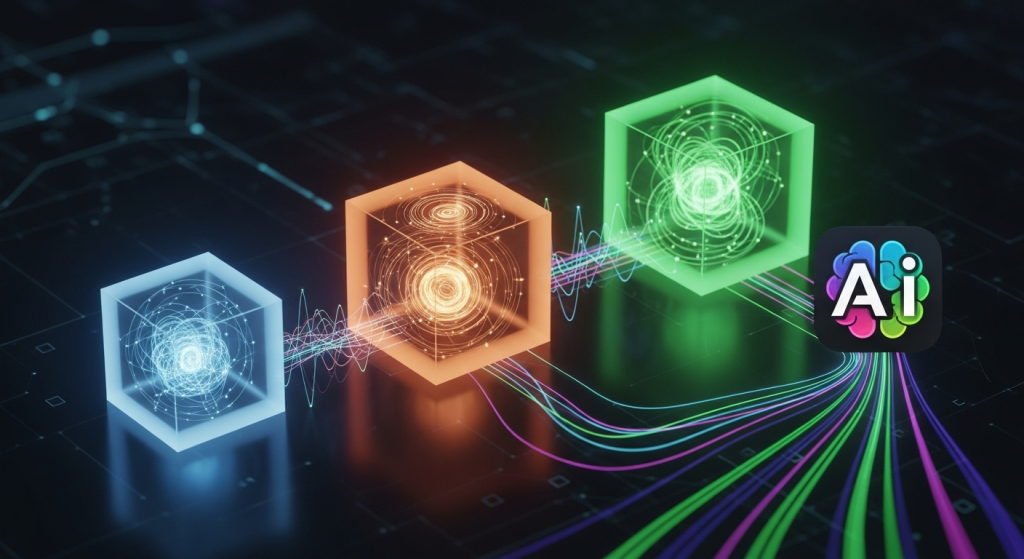 三個依序排列的抽象步驟方塊，由發光的線條連接，最終指向一個完成的應用程式圖標，視覺化呈現AI Studio教學的三個簡單步驟。