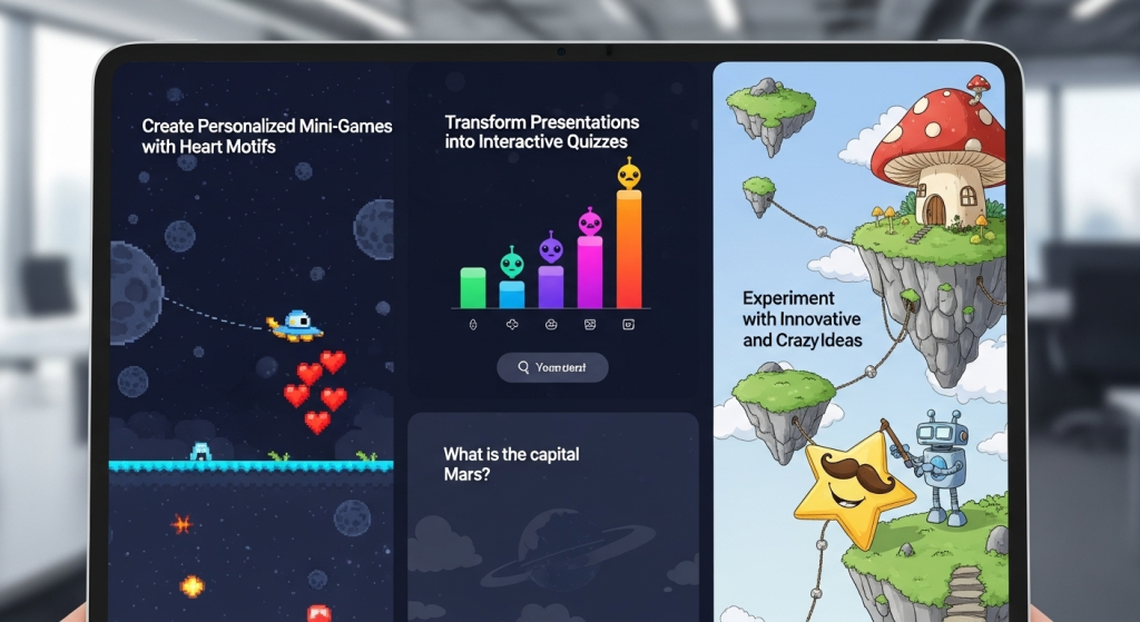 一個多功能的互動畫面，展示了Astrocade的多元用途，包含將簡報變為互動問答體驗、製作包含愛心圖案的專屬小遊戲，以及實驗創新的瘋狂點子。