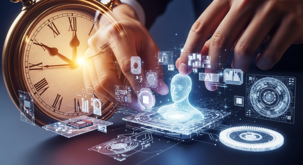 一雙手正在專注地打造一台個人化的AI Agent，背景是一個時間倒流的時鐘，象徵「AI時代的自我成長是動手玩，把時間買回來」。