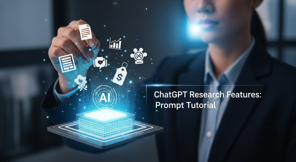 一個人將代表各種問題的圖標，如文件、圖表、價格標籤，全部放入一個發光的AI核心中，說明ChatGPT研究功能的提示詞教學要點。