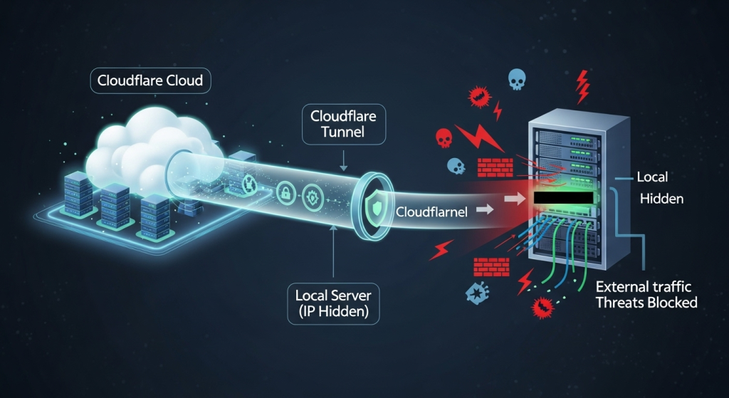 一張概念圖解說Cloudflare Tunnel教學的核心：一條從Cloudflare雲端直通本地伺服器的安全通道，有效隱藏真實IP位址，阻擋外部威脅。