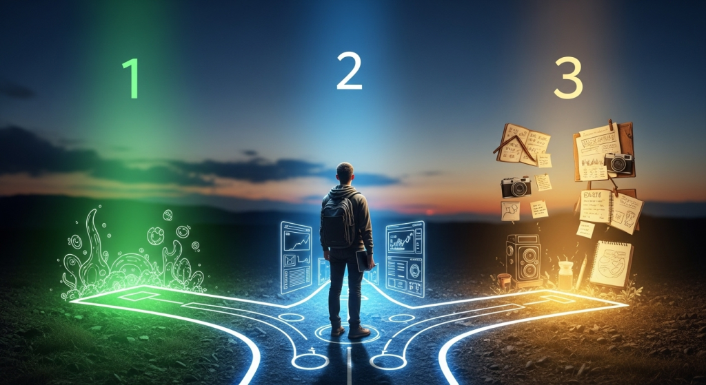 一名創作者站在一個分岔路口，面前有三條被照亮的道路，象徵著在打造內容創作工作流時可以選擇的三種不同情境與起點。