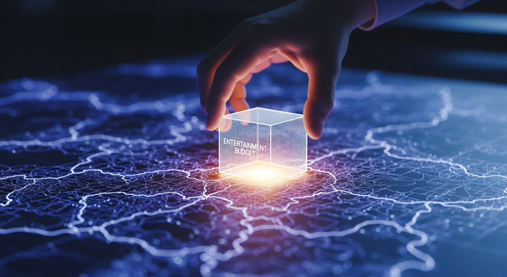 一隻手將一個象徵著「娛樂費」預算的發光方塊，放置在一個巨大的、代表未知領域的抽象地圖上，體現了「匡列成本，把探索當成娛樂」的AI學習心法。