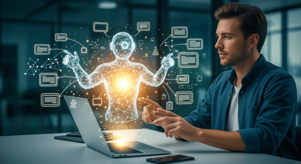 一位內容創作者與AI助手協作，AI以發光的抽象幾何圖形形式協助整理想法，展現善用AI提升內容產出效率的概念。