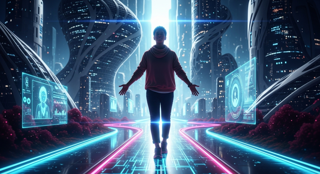 一位充滿自信的創作者，拋開束縛，在AI時代的背景下走出一條屬於自己的道路，象徵找到方向後的篤定。