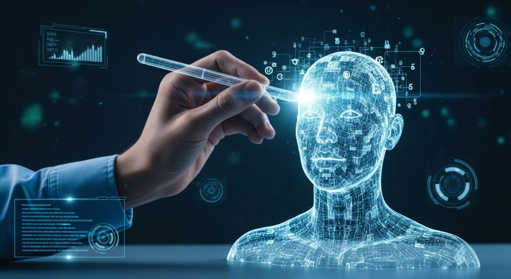 客製化AI助理的過程，一隻手使用發光的數位工具，為一個AI頭像進行修改與設定，象徵打造理想中的AI夥伴。