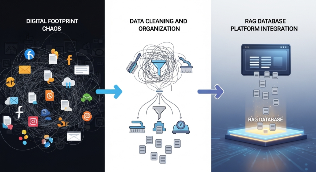 建立個人數據庫的三階段教學流程圖，從雜亂的數位足跡，到清洗整理後的乾淨數據，最終匯入發光的RAG資料庫平台。